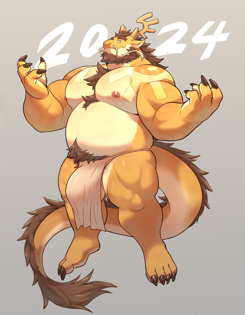 2023 balls barely_visible_balls barely_visible_genitalia beard bottomwear bulge claws clothing digital_drawing_(artwork) digital_media_(artwork) dogoro03 dragon eastern_dragon facial_hair finger_claws genitals hair hi_res loincloth male musclegut simple_background solo tail toe_claws