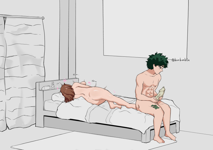 1boy 1girls after_sex barefoot binbinbin brown_hair completely_nude completely_nude_female condom couple couple_sex female full_body green_hair izuku_midoriya male my_hero_academia naked naked_female nude nude_female ochako_uraraka straight