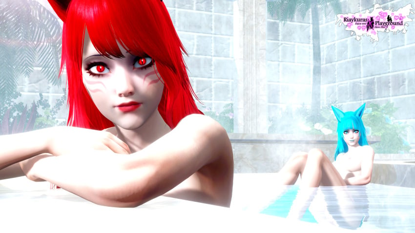 2girls 3d animal_ears animal_humanoid bath bathing black_eyebrows blue_eyes blue_hair blue_hair_female blue_lips blue_lipstick column day eyeshadow face_tattoo female_only fox_girl fox_humanoid foxear foxgirls in_water make_up makeup naked naked_female neekumari nude nude_female outdoors plant red_eyes red_hair red_hair_female red_lips red_lipstick riaykuras_playground sauna sisters sitting_in_water steam sunlight tattoo tattoo_on_face tile_wall tiles water xayari