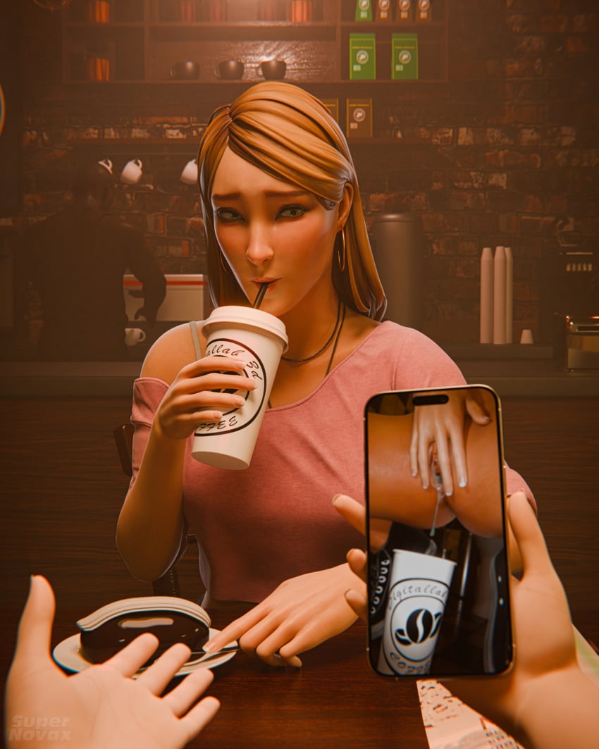 3d 3d_(artwork) blender blender_(software) blush cafe chloe_price coffee cuckquean cum cum_drip cum_in_container cum_in_pussy cum_inside cup dark-skinned_male dark_skin drinking drinking_cum earrings embarrassed gokkun green_eyes hair_behind_ear hand_on_pussy highres hoop_earrings juxtaposition legs_spread life_is_strange life_is_strange:_before_the_storm light-skinned_female light_brown_hair light_skin makeup necklace phone phone_screen pink_topwear public rachel_amber shoulderless_shirt story straw supernovax