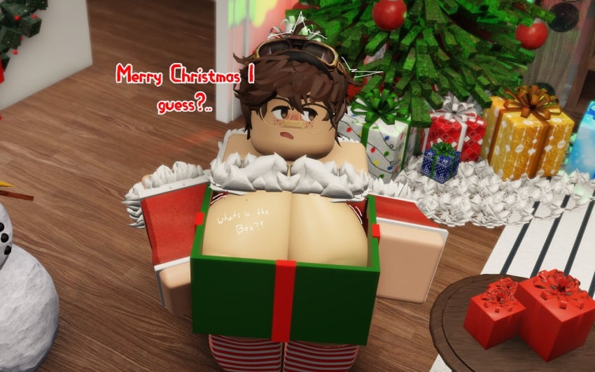 1girls 3d big_breasts breasts breasts_in_box christmas cleavage dialogue english_text gif presenting_breasts red_(red_220) red_220 roblox robloxian source_request tagme text text_bubble