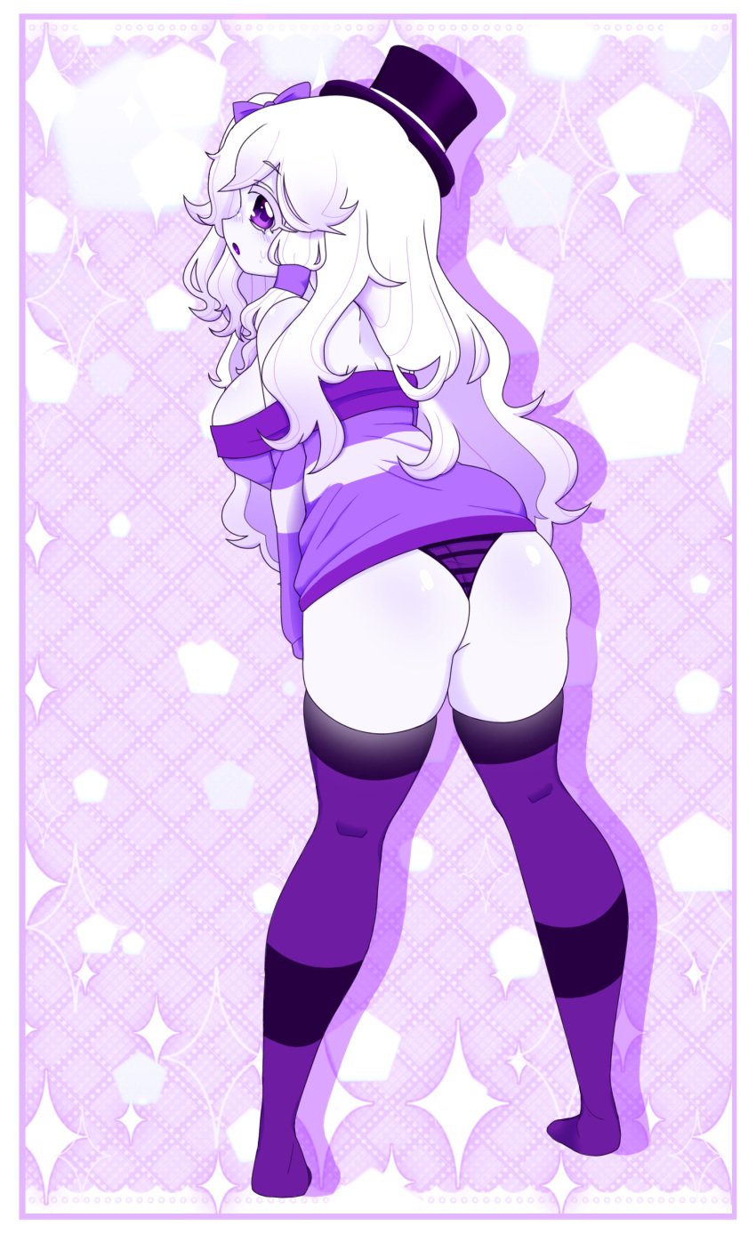 ass_shot background big_breasts byternomar commission commission_art commissions_open cute female newgrounds_username oc original original_character pale_skin panties purple_stockings stockings white_body white_hair