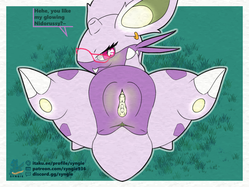 2024 anus bioluminescence female fenderquil generation_1_pokemon genitals glowing hi_res looking_at_viewer nidoran nidoran♀ nintendo pokemon pokemon_(species) presenting presenting_pussy pussy syngie_(artist)