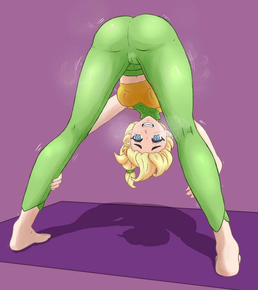 1girls ass blonde_hair blue_eyes bogar crop_top crypt_of_the_necrodancer exposed_ass female female_only hair_ornament hairclip leggings looking_at_viewer looking_back pants png ponytail purple_background rift_of_the_necrodancer simple_background smile smiling_at_viewer sweat yoga yoga_pants