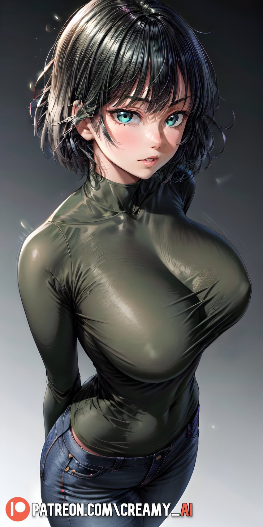 ai_generated arms_behind_back big_breasts black_hair blouse creamy_ai female female_only from_above fubuki_(one-punch_man) green_blouse green_eyes hi_res jeans navel_visible_through_clothes nipples_visible_through_clothing one-punch_man parted_lips patreon_username perky_breasts short_hair