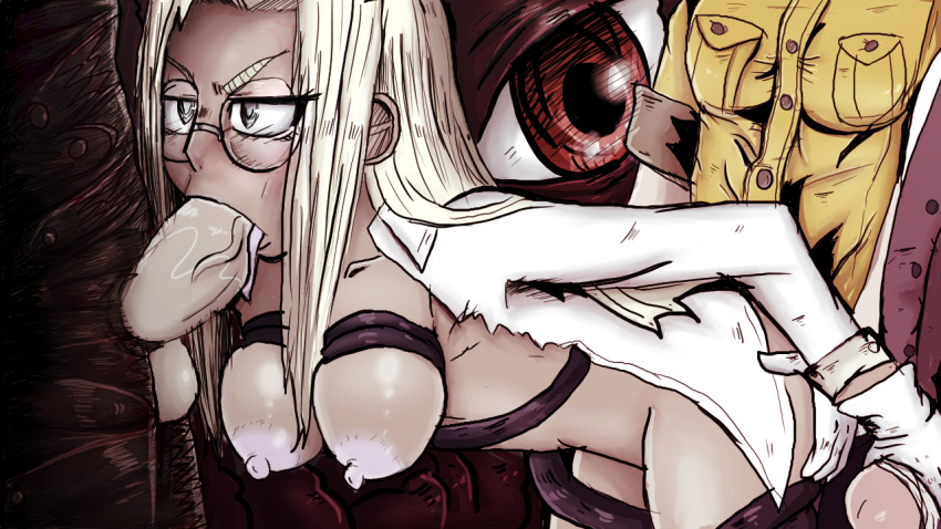 alucard_(hellsing) areolae breasts fellatio female fluids glasses hellsing hetero implied_futanari integra_hellsing kuroki-hollow nipples seras_victoria