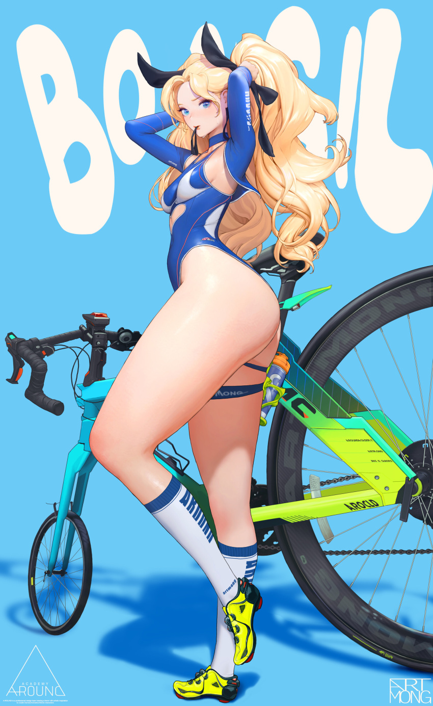 1girls artist_signature artmong bicycle blonde_hair blue_eyes boksil_(armtong) bottom_heavy female_only full_body hands_in_hair highres large_ass leotard looking_at_viewer makeup on_one_leg original ponytail shoes simple_background small_breasts socks solo standing sweat thick_thighs tying_hair very_long_hair water_bottle workout_clothes