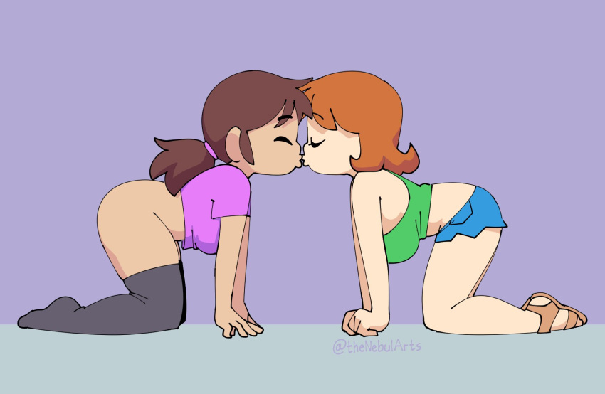 2girls bibi_(nebularts) bottomless cute felicity_(msmads) kissing kneehighs kneesocks nebularts pigtails shirt short_hair shorts socks tagme yuri