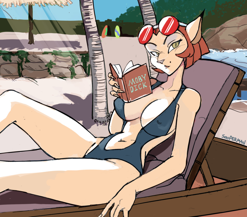 1girls anthro blue_sky bob_cut captain_amelia cat_ears cat_girl catgirl cleavage disney eyeshadow furry island laying_down neko no_humans one-piece_swimsuit pool pov reading red_sunglasses relaxing resting round_sunglasses short_hair slingshot_swimsuit sooperman sunglasses sunglasses_on_head surprised_face swimsuit treasure_planet tropical