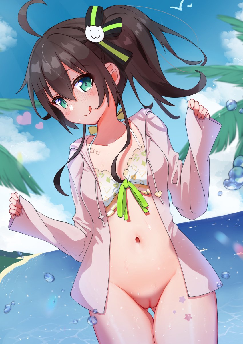 :q absurdres ahoge ass_visible_through_thighs beach bikini bikini_top_only bird blush bottomless bra breasts brown_hair cat_hair_ornament cleft_of_venus closed_mouth cloud female frilled_bikini frilled_bra frills green_eyes green_ribbons hair_between_eyes hair_ornament hair_ribbon heart highres hololive hololive_gen_1 hololive_japan hololive_summer_2022_swimsuit jacket lens_flare long_sleeves looking_at_viewer natsuiro_matsuri navel ocean official_alternate_costume ontake2009 open_clothes open_jacket outdoors palm_tree patterned patterned_clothing pussy ribbon ribbon-trimmed_bikini ribbon-trimmed_bra ribbon_trim seagull side_ponytail sleeves_past_wrists small_breasts smile solo star_(symbol) star_tattoo swimsuit tattoo tongue tongue_out tree underwear virtual_youtuber water_drop wet white_bra white_jacket white_swimsuit