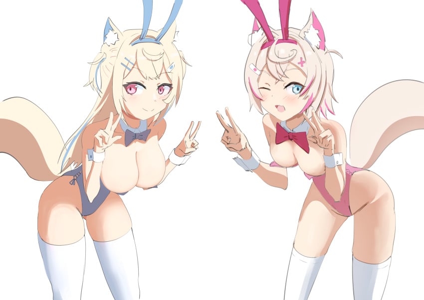 2girls angelchama blonde_female blonde_hair bowtie bunny_ears bunnysuit dog_ears dog_girl double_v fuwamoco fuwawa_abyssgard hair_ornament headband hololive hololive_english hololive_english_-advent- leggings mococo_abyssgard sisters streaked_hair tagme tail thighhighs thighs virtual_youtuber wink winking_at_viewer