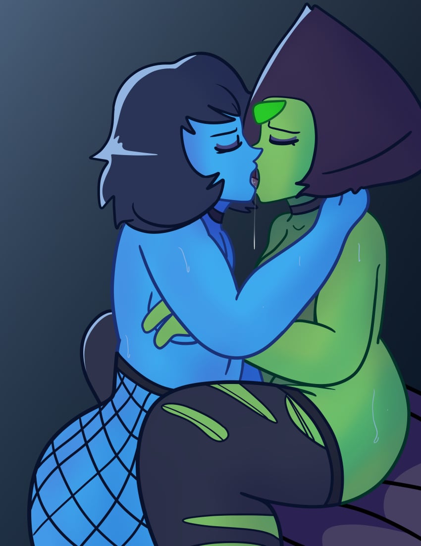 2023 2girls black_hair blue_body blue_skin cartoon_network closed_eyes collar drawinecchi drawinecchi2 duo female female_only fishnets gem_(species) goth goth_girl gothified green_body green_skin hand_on_breast kissing lapidot lapis_lazuli_(steven_universe) lesbian_kiss making_out multiple_girls no_bra peridot_(steven_universe) ripped_clothing ripped_stockings saliva saliva_trail self_upload sheets steven_universe sweat sweatdrop tongue tongue_kiss tongue_out yuri