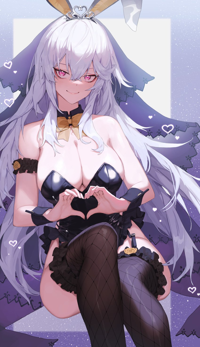 absurdres animal_ears bare_shoulders black_leotard bow bowtie breasts cleavage closed_mouth counter:side detached_collar fake_animal_ears female fishnet_thighhighs fishnets frilled_thighhighs frills gaeun_(counter:side) garter_straps grey_hair hair_between_eyes heart heart_hands highres large_breasts leotard long_hair looking_at_viewer pink_eyes rabbit_ears smile solo strapless strapless_leotard thighhighs tiara tunamayo_(dsasd751) veil very_long_hair wrist_cuffs yellow_bow yellow_bowtie