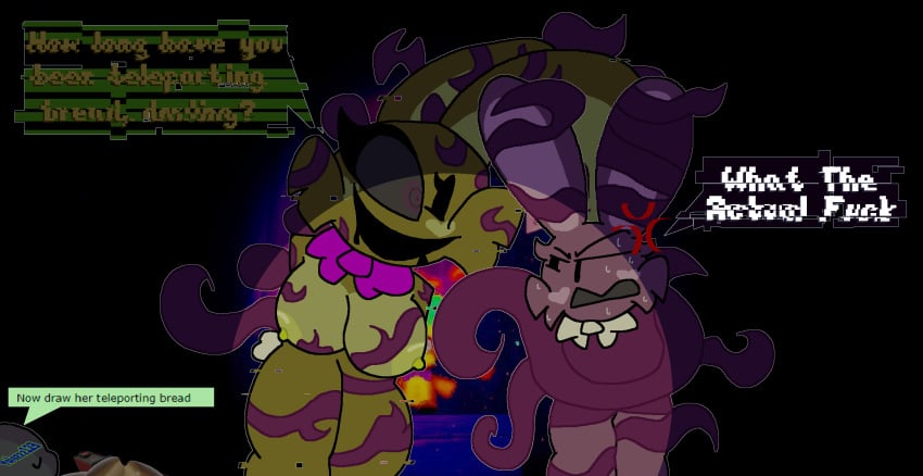 angry anthro big_breasts breasts chaoticdream cheek_tuft dialogue english_text female female/female female_focus five_nights_at_freddy's five_nights_at_freddy's:_help_wanted forced furry glich glitchtrap pixel_art rabbit rabbit_ears scottgames shadow_bonnie speech_bubble tentacle text