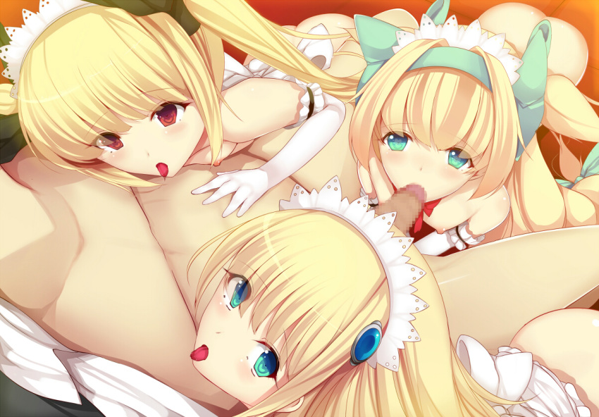 1boy 3girls blazblue blonde_hair blue_eyes breasts censored daiaru elbow_gloves fellatio femsub flat_chest gloves green_eyes harem licking multiple_girls multiple_subs nipples noel_vermillion nude oral penis platinum_the_trinity rachel_alucard red_eyes teamwork