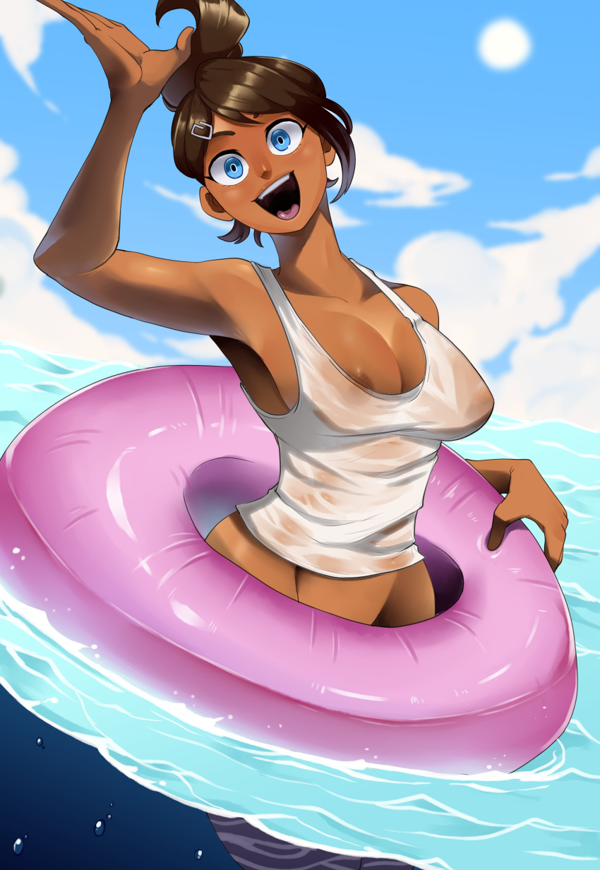 alternate_version_available areola_slip asahina_aoi beach blue_eyes breasts brown_hair danganronpa danganronpa:_trigger_happy_havoc danganronpa_1 dark-skinned_female dark_skin innertube kinjero large_breasts midriff midriff_peek nipple_slip nipples ocean ponytail see-through see-through_clothing straight_hair swimming tank_top tanned tanned_skin water wet_clothes