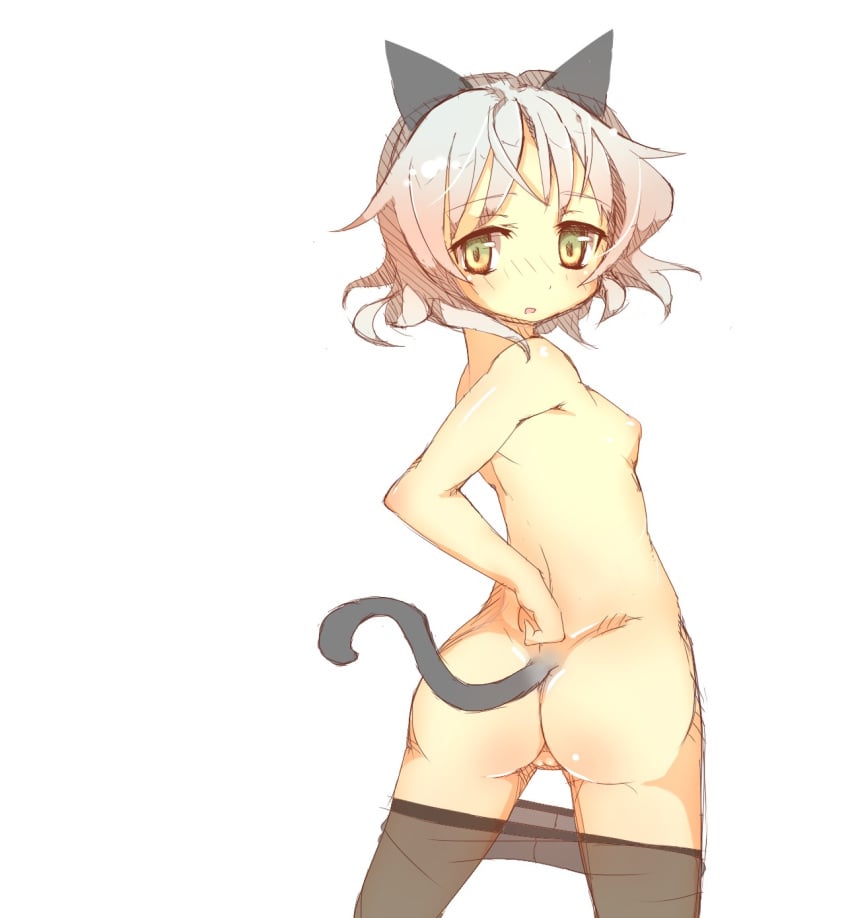 ass back black_legwear black_pantyhose flat_chest green_eyes highres looking_back pantyhose pantyhose_down pantyhose_pull prnt sanya_v_litvyak short_hair small_breasts strike_witches tail topless