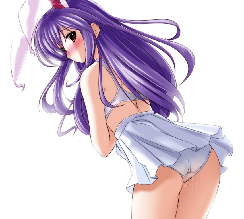 ass blush bra bunny_ear caidychen highres lingerie long_hair looking_back panties purple_hair pussy_juice red_eyes reisen_udongein_inaba skirt touhou underwear undressing