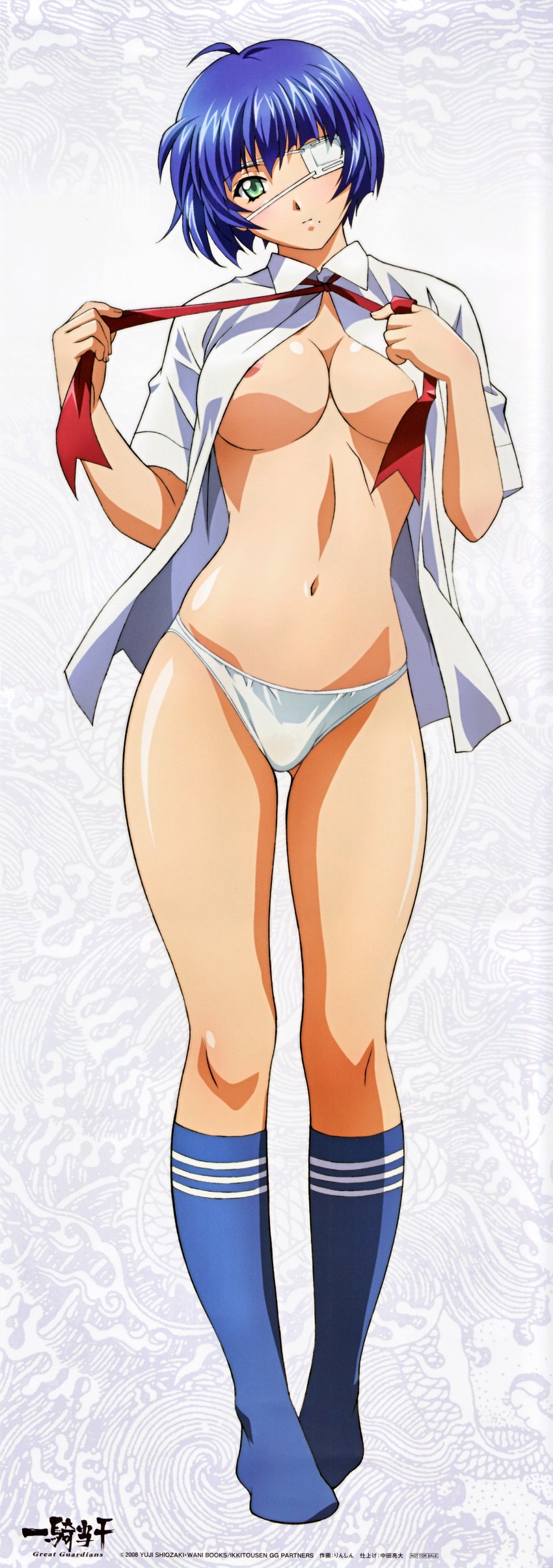 1girls areola areolae blue_hair breasts cleavage eye_patch female footwear green_eyes highres ikkitousen long_image nipple_slip nipples open_clothes open_shirt panties ribbon ribbons rin-sin ryomou_shimei shirt short_hair socks solo stick_poster tall_image underwear