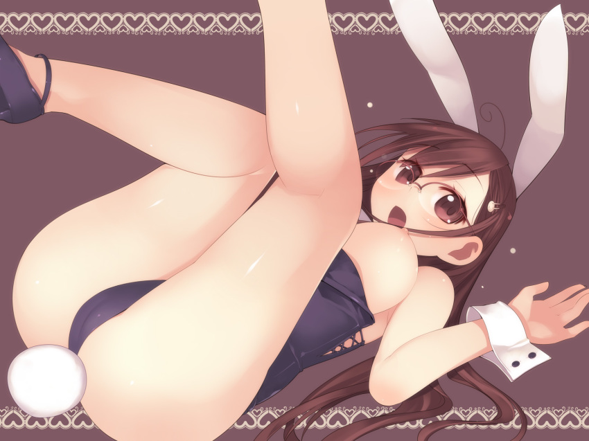 animal_ears arima_senne ass bare_legs breasts brown_hair bunny_ears bunnysuit cameltoe female female_only glasses highres human kashiwamochi_yomogi large_breasts long_hair nipples original red_eyes solo wrist_cuffs