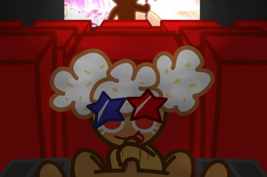 1boy blue_and_red_star_glasses cookie_run female handjob looking_at_viewer movie_theater popcorn_cookie red_chairs source_not_archived tan_skin 고왱고왱_(artist)