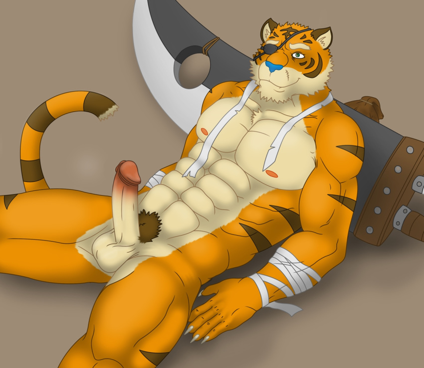 abs anthro balls biceps big_muscles claws erection fur furry hair kraidhiel male male_only muscles penis solo sword tagme weapon