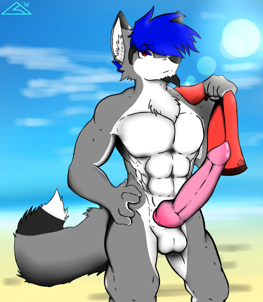 1boy abs balls beach big_penis black_fur blue_hair canine carrus facial_hair fox fur goatee grey_fur hair hybrid kurt_(kurtfolf) male male_focus male_only mammal muscular nude original original_character penis red_eyes seaside simple_background sky solo towel white_fur wolf