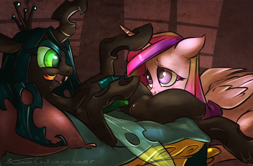 alicorn arched_back atryl black_body bug_wings changeling crown cunnilingus female female_only forced forced_oral friendship_is_magic hole_(anatomy) looking_at_partner my_little_pony on_back oral_sex pink_fur princess_cadance_(mlp) queen_chrysalis_(mlp) rape smooth_skin wings