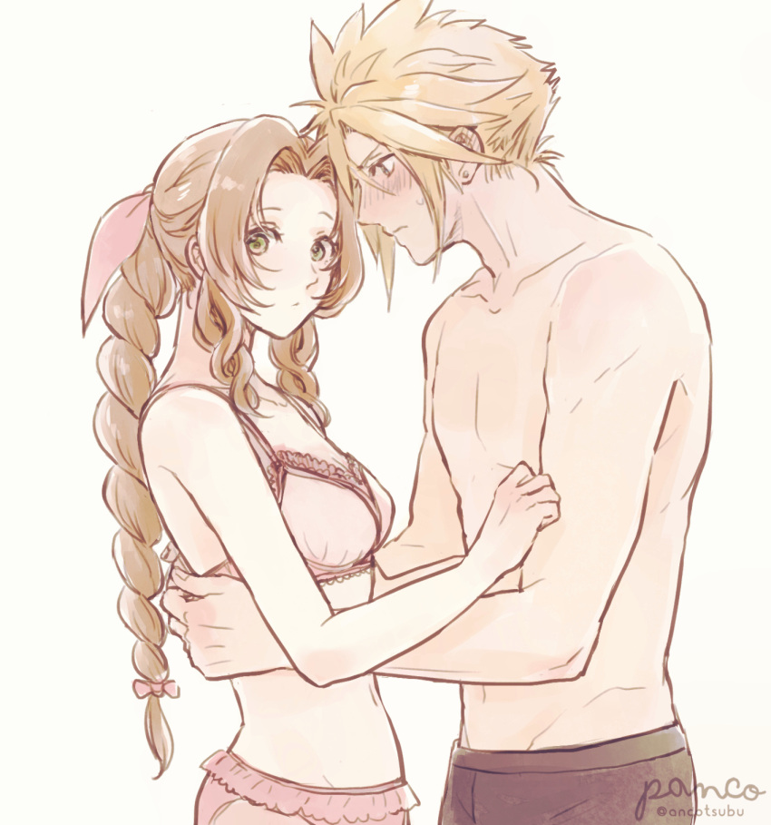 1boy 1boy1girl 1girls aerith_gainsborough ancotsubu blush bra cloud_strife female final_fantasy final_fantasy_vii final_fantasy_vii_remake innocent light-skinned_female light-skinned_male long_hair looking_at_viewer male male/female romantic suggestive taking_clothes_off topless underwear undressing undressing_partner unhooked_bra unhooking_bra