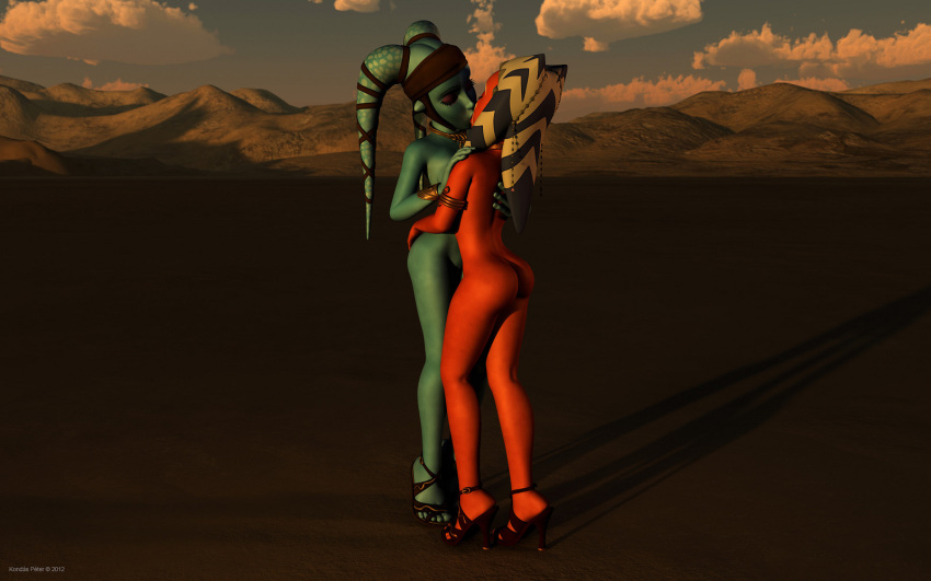 2012 2girls 3d aayla_secura ahsoka_tano armlet ass bracelet clone_wars dat_ass eyeshadow female female_only french_kiss high_heels jedi kondaspeter multiple_girls star_wars tatooine the_clone_wars:_season_four togruta twi'lek yuri