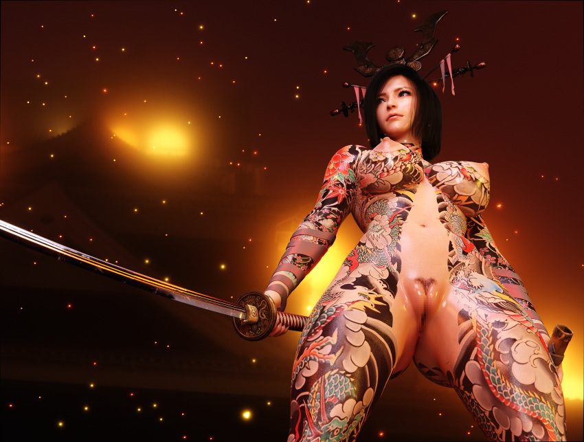 3d 3d_(artwork) blender cameltoe castle casual censored cleft_of_venus exhibitionism exhibitionist female fire human irezumi katana kiku_(skyarsenic) muscular_female nipples nude nude_female nudist pale_skin pubic_hair public_nudity pussy samurai skyarsenic tattoo weapon