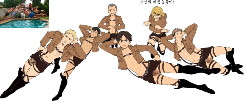 6boys armin_arlert attack_on_titan bertolt_hoover censored censored_penis connie_springer crossed_ankles crossed_arms erection eren_jaeger exposed_nipples exposed_penis gay hand_behind_head hands_behind_head japanese_text jean_kirstein kilt knee_boots knees_apart_feet_together legs_apart legs_together male male_only mosaic_censoring open_jacket pixelated pointless_censoring reiner_braun thigh_strap yaoi