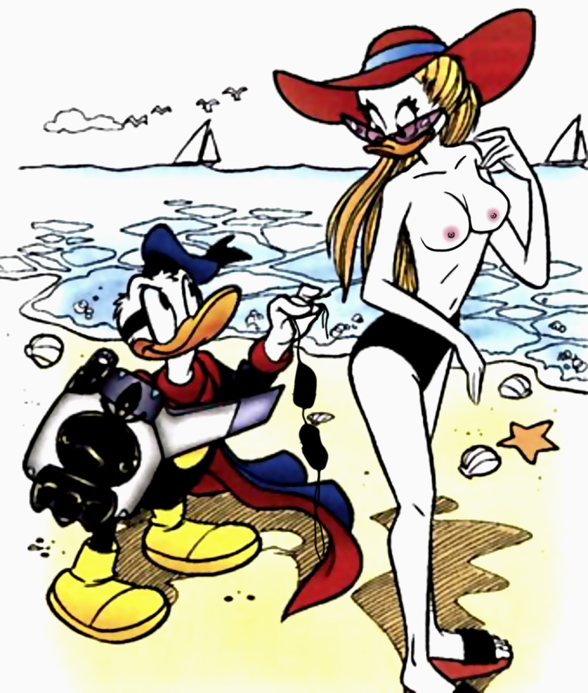 beach bikini bikini_bottom bikini_top disney donald_duck female holding_bikini_top lyla_lay male nipples ocean paperinik_new_adventures pkna tagme