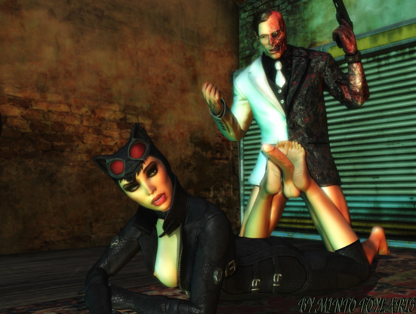 1boy 1girls 3d batman:_arkham_city batman_(series) catwoman catwoman_(arkham) catwoman_(arkham_city) dc dc_comics feet female footjob harvey_dent male mintofoularis mod selina_kyle soles source_filmmaker two-face xnalara