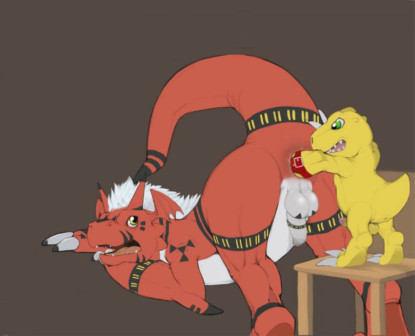 agumon anal_fisting anal_insertion anthro digimon fisting furry growlmon interspecies male male_only multiple_males narse size_difference yaoi