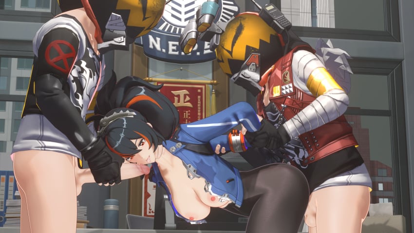 1girls 2boys 2boys1girl 3d arm_grab big_breasts blender doggy_style double_penetration gangbang half_naked hollow_thug large_breasts pantyhose police police_uniform policewoman tagme thugs_(zenless_zone_zero) vookak zenless_zone_zero zhu_yuan