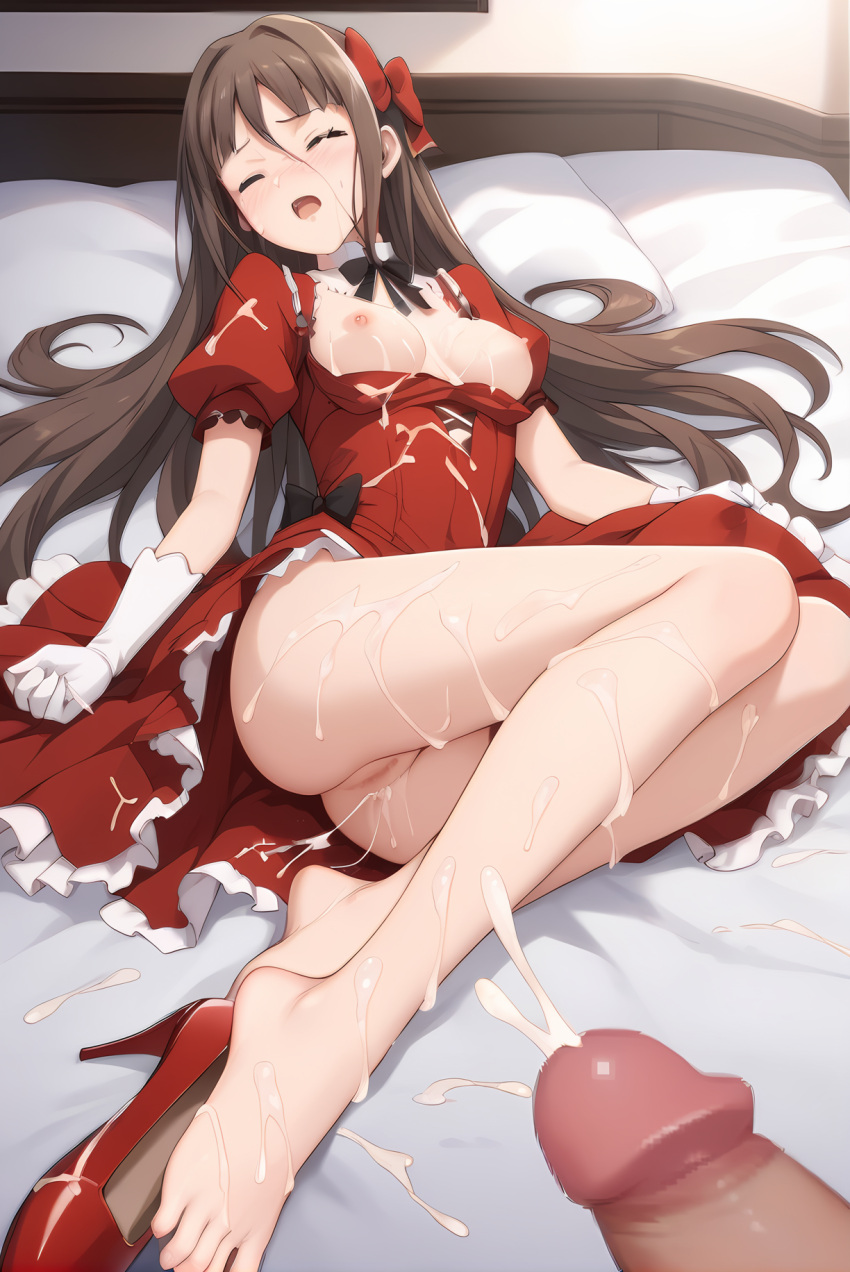 ai_generated bed blue_eyes breasts brown_hair bukkake civitai civitai_lora clothed_eyes covered_in_cum cum_on_feet cum_on_legs exposed exposed_pussy feet female hairbow high_heels indoors kudou_asuka long_hair medium_breasts mondaiji_tachi_ga_isekai_kara_kuru_sou_desu_yo? nipples nude open_clothes penis pony pony_diffusion_6 pony_diffusion_xl problem_children_are_coming_from_another_world pussy red_dress redair_bow sdxl skinny solo stable_diffusion toes twin_braids white_gloves