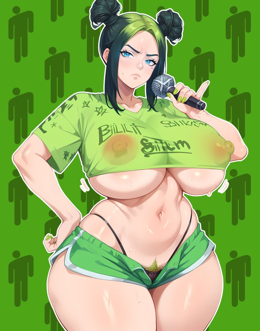 ai_generated billie_eilish billie_eilish_(fortnite) blue_eyes busty crop_top double_bun female female_focus female_only green_pubic_hair hourglass_figure memch0 microphone pubic_hair see-through_clothing see-through_shirt tagme thong_straps wide_hips