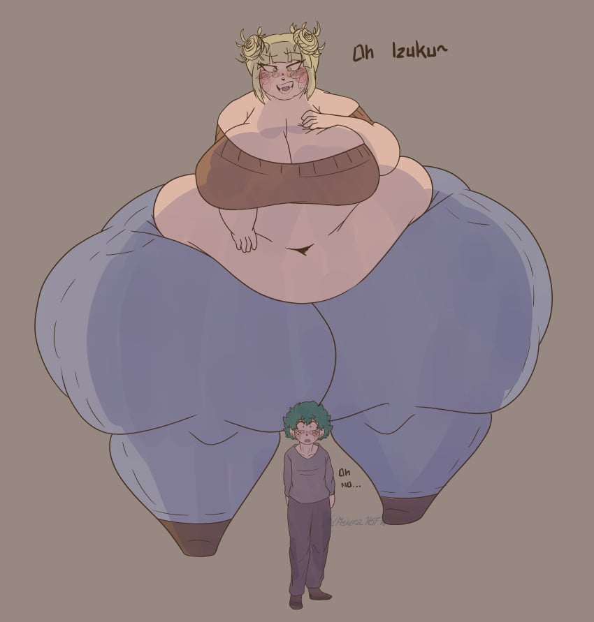 1boy 1girls askora bbw blonde_hair fat fat_female fat_fetish female green_hair izuku_midoriya larger_female male morbidly_obese my_hero_academia overweight overweight_female size_difference smaller_male toga_himiko