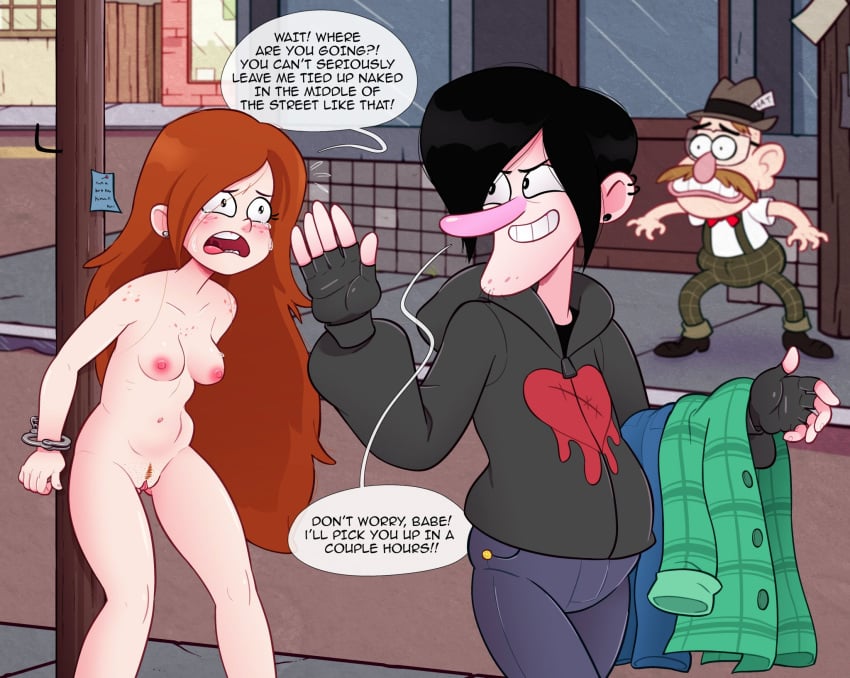 1girls 2boys aged_up breasts cmnf collarbone completely_nude_female crying crying_with_eyes_open disney disney_channel disney_xd embarrassed embarrassed_nude_female enf enf-lover english english_commentary english_dialogue english_text freaking_out freckles ginger ginger_hair gravity_falls handcuffed handcuffed_to_pole handcuffs humiliated humiliating humiliation landing_strip leaving long_hair naked navel nipples outdoor_nudity outside pale-skinned_female pale_skin pubic_hair public_exposure public_nudity pussy red_hair red_nipples road robbie_valentino sidewalk standing_up street toby_determined torso vagina vaginal_lips vulva waist_length_hair wendy_corduroy