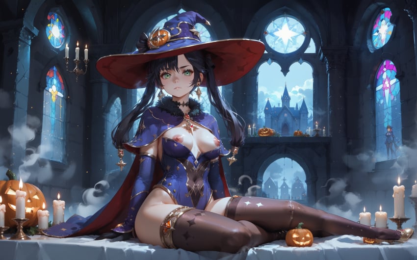 ai_generated akira_hentai altar black_choker black_gloves black_hair black_pantyhose bra breasts breasts_exposed_ candles capelet dark detached_sleeves female fur_collar genshin_impact gold_footwear halloween high_heels highleg-leotard long_hair long_sleeves magic mona_(genshin_impact) mysterious nipples pumpkins purple_leotard seductive sexy shadows sitting stained-glass stone thighlet twintails