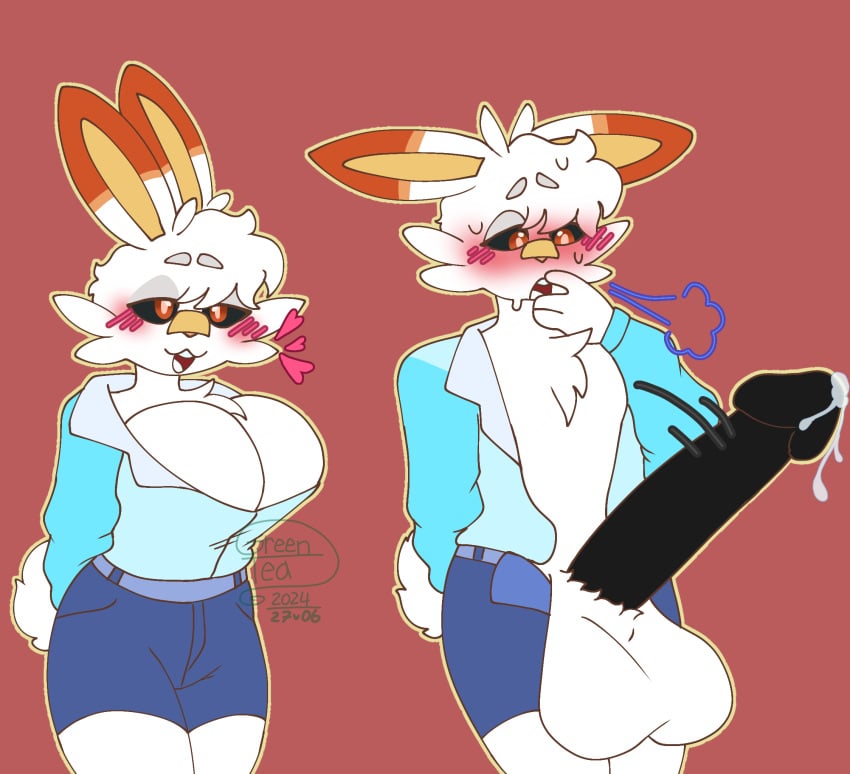 anthro aster_greentea ballbies balls balls_as_breasts big_balls black_penis blush bodily_fluids chesticles clothing flirting_look generation_8_pokemon genital_fluids genitals hi_res male male/male meme nintendo penis pokemon pokemon_(species) precum scorbunny solaris_(btwalexhere) solo solo_focus sweat wardrobe_malfunction