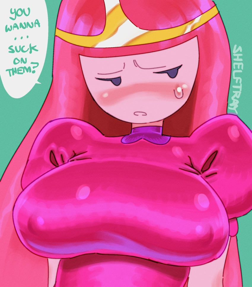 1girls adventure_time big_breasts blush breasts cartoon_network clothed clothing dialogue dress embarrassed female imminent_sex large_breasts nipples nipples_visible_through_clothing pink_body pink_dress pink_hair pink_skin princess_bubblegum shelftray speech_bubble sweat sweatdrop visible_nipples