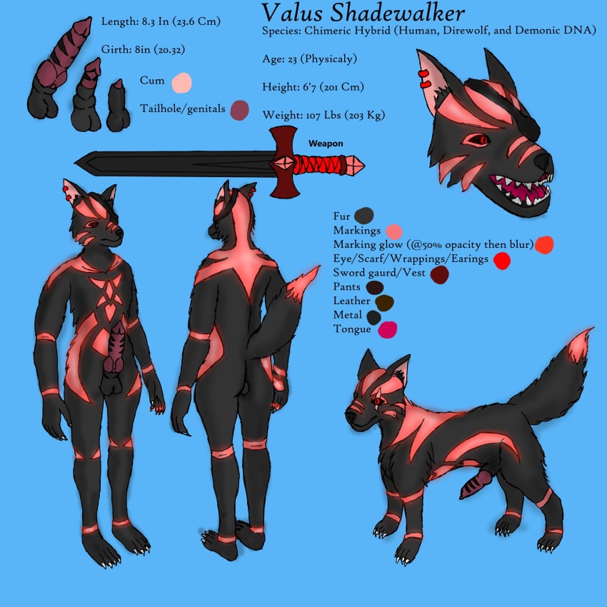 absurd_res animal_genitalia anthro black_body black_fur feral fur fur_markings genitals glowing glowing_markings hi_res knot male male_only markings model_sheet sheath simple_background solo valus_shadewalker valus_shadewalker(valus_shadewalker)