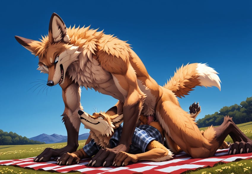 ai_generated anal anal_penetration anal_sex anthro anthro_on_anthro aurugy between_legs big_dom big_dom_small_sub blue_sky canine duo fox furry gay gay_domination gay_sex kenket looking_at_partner looking_up male_penetrated male_penetrating nature on_knees paws penis picnic picnic_blanket red_fox romantic size_difference smile