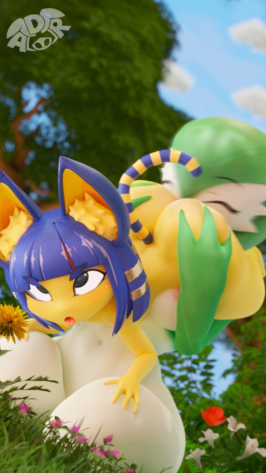 3d_(artwork) 4k 9:16 absurd_res adriandustred animal_crossing ankha_(animal_crossing) anthro ass big_butt blue_hair cunnilingus digital_media_(artwork) domestic_cat duo felid feline felis female female/female gardevoir generation_3_pokemon green_hair hair hi_res kneeling mammal navel nintendo oral outside pokemon pokemon_(species) sex thick_thighs vaginal_penetration white_body