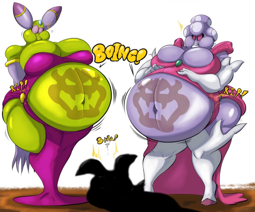 1boy 2girls 3_fingers alien alien_girl alien_humanoid belly belly_button belly_expansion big_belly big_breasts bowser bowser_logo breasts cackletta clothed clothing dress green_skin high_heels inflated_belly inflation inflation_fetish mario_(series) mario_and_luigi:_partners_in_time mario_and_luigi:_superstar_saga mario_and_luigi_(series) nintendo no_sex pink_dress princess_shroob purple_body purple_dress purple_eyes purple_skin red_eyes snapping_fingers standing text thigh_highs thighhighs thighs villainess white_gloves white_lips white_lipstick