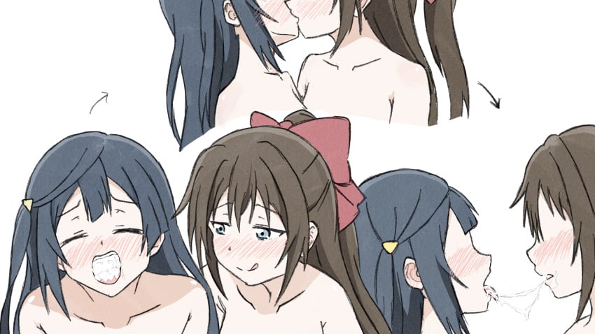 2girls :q absurdres after_fellatio arrow_(symbol) black_hair blush brown_hair completely_nude cum cum_in_mouth cum_string cum_swap from_side half_updo highres kissing love_live! love_live!_nijigasaki_high_school_idol_club multiple_girls nose_blush nude osaka_shizuku shizuwonderland straight tongue tongue_out yuki_setsuna yuri