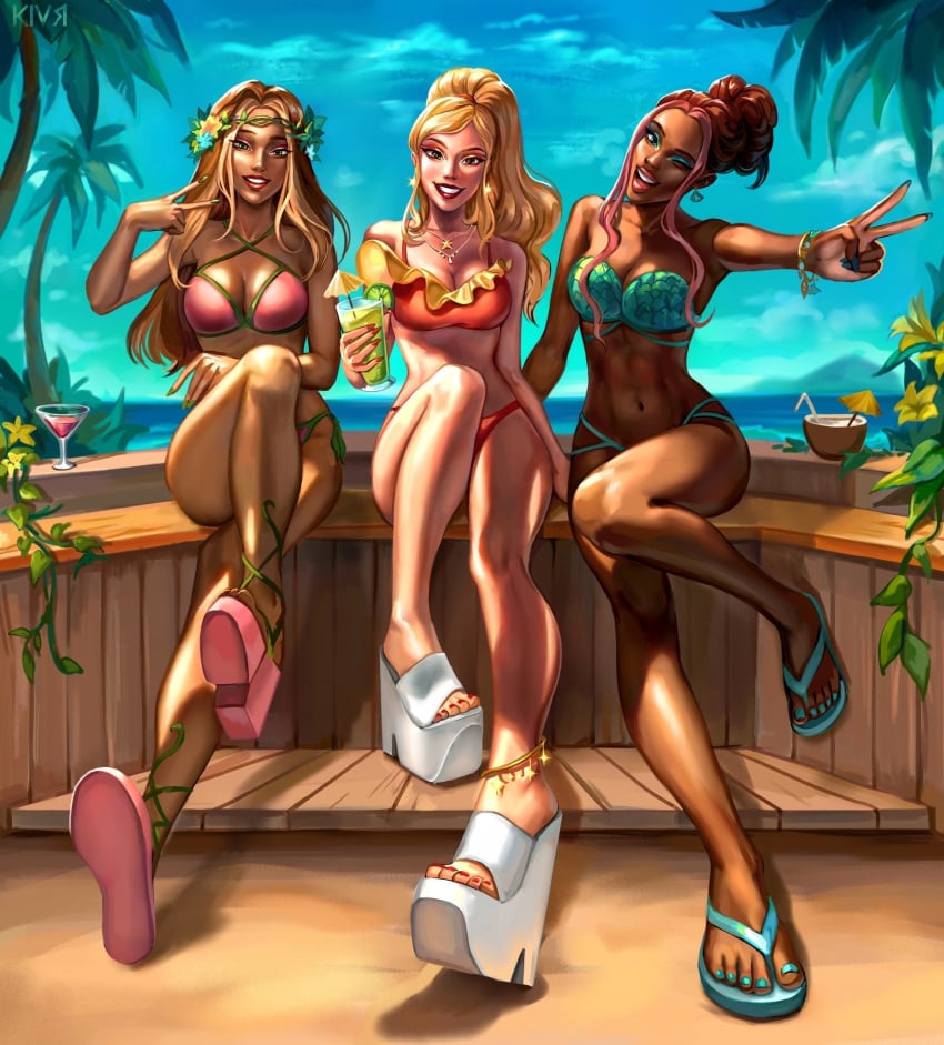 3girls 4kids_entertainment aisha_(winx_club) bikini breasts coconut drink feet flora_(winx_club) human layla_(winx_club) legs lime_slice nickelodeon ocean rainbow_(animation_studio) sea stella_(winx_club) water winx_club