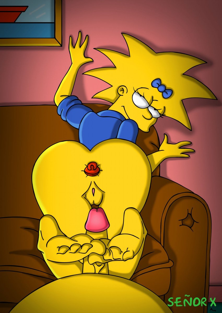 aged_up ass clothes color female footjob human indoors insertion looking_back maggie_simpson male male_pov nude partial_male pov senor_x straight tagme the_simpsons vulva yellow_body